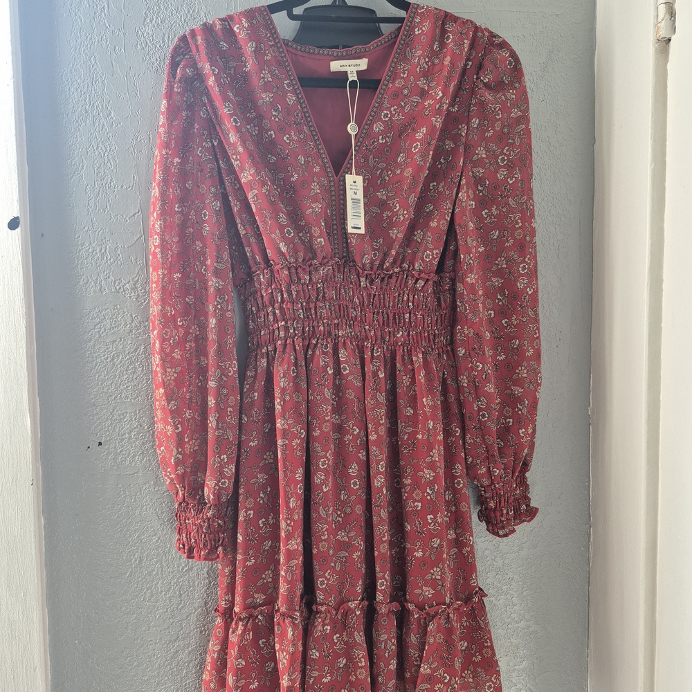 Max Studio Red Floral Long Sleeve Dress